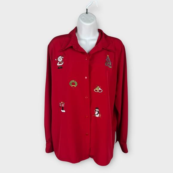 Vintage Joanna Red Career Secretary Christmas Blouse Embroidered Holidays Large - Picture 1 of 9